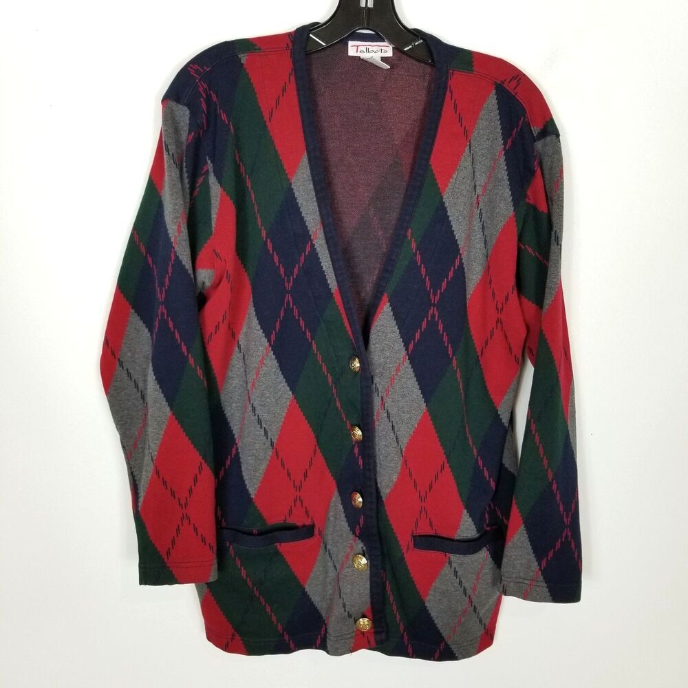VTG Talbots‎ Women Diamond Button Up Cardigan Sweater Sz M Gold Buttons Classy